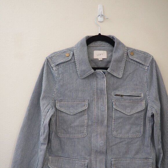 * LOFT Blue White Railroad Stripe Utility Jacket sz M - Picture 4 of 8